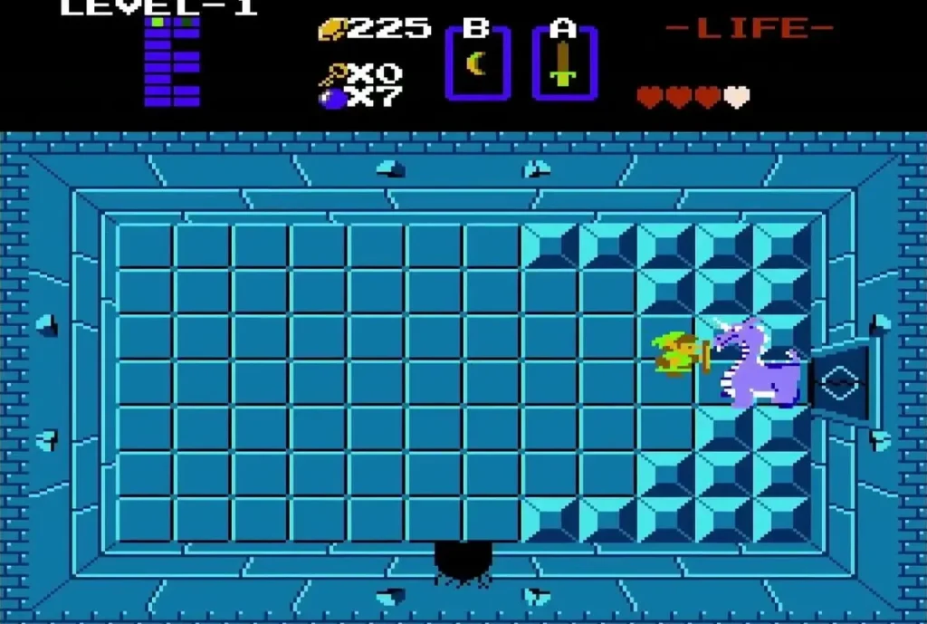 Link beside Aquamentus near the right-hand door of the boss room Link beside Aquamentus near the right-hand door of the boss room