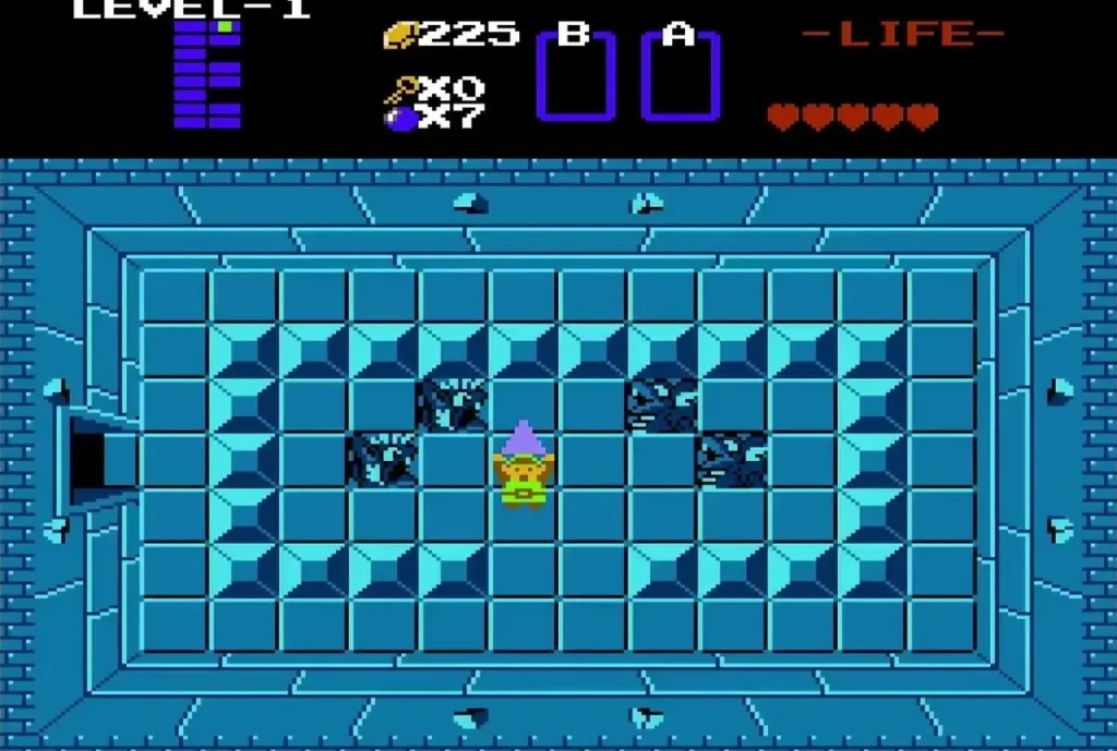 Link holding the Triforce piece above his head in the room Link holding the Triforce piece above his head in the room