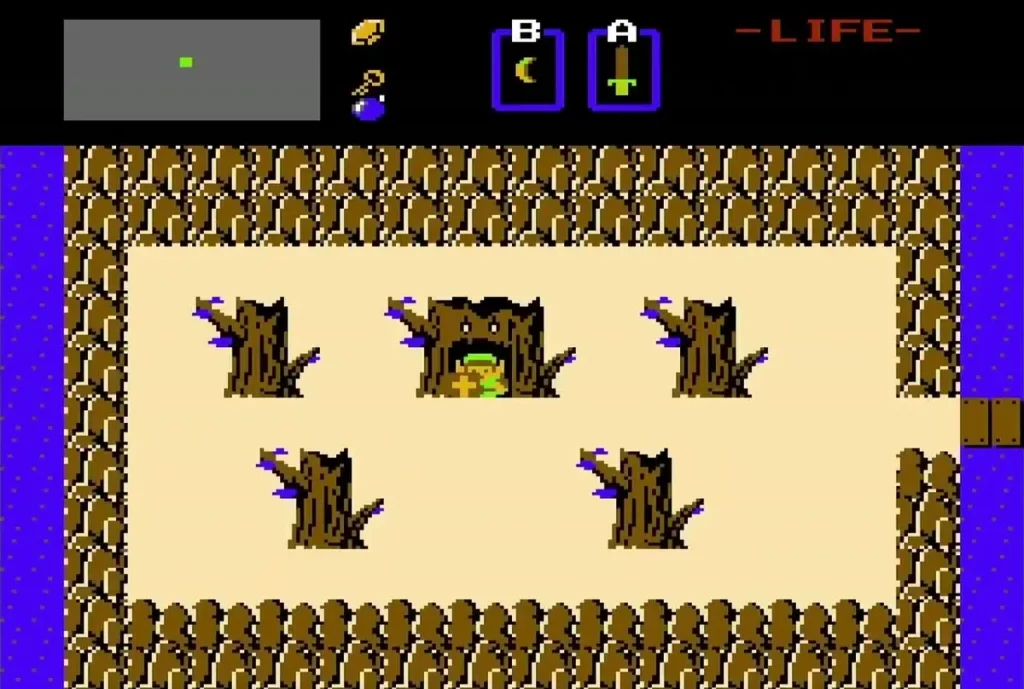 Link standing in front of the dead tree cave on the overworld Link standing in front of the dead tree cave on the overworld