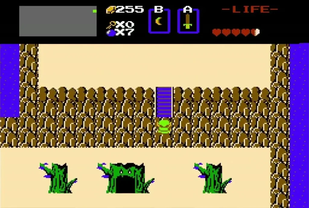 Link at the top of the three-statue field with the middle statue open as a dark stairway Link at the top of the three-statue field with the middle statue open as a dark stairway