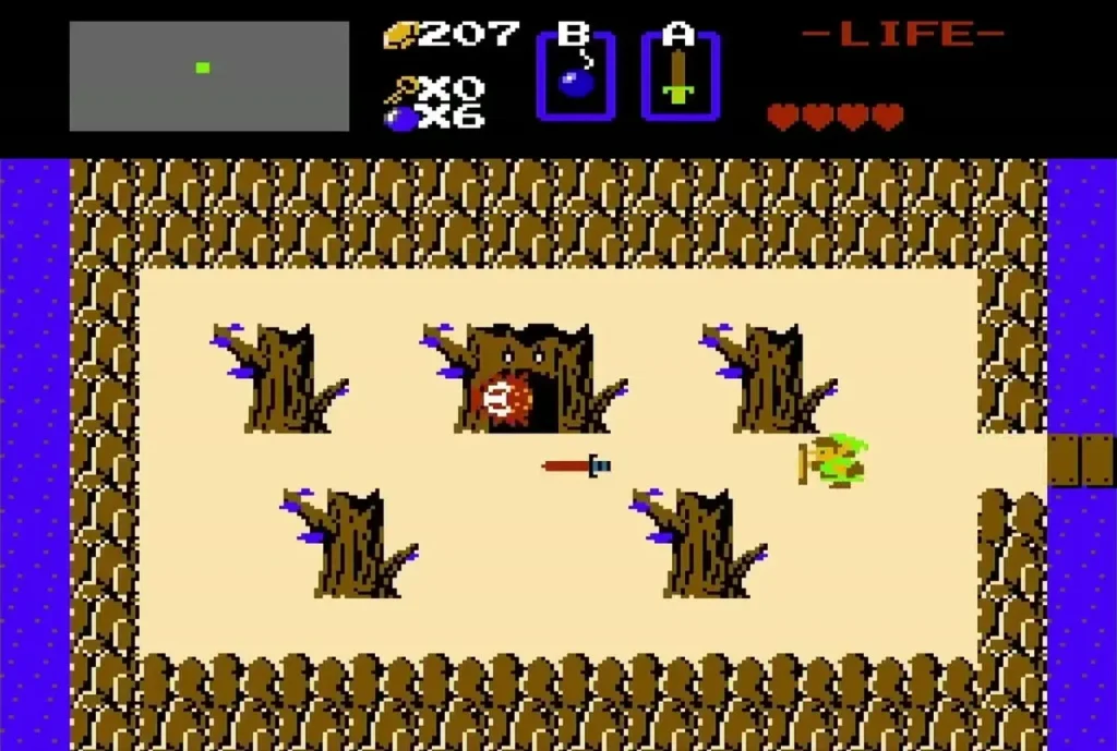 Link on the dead tree island with an enemy near the cave mouth Link on the dead tree island with an enemy near the cave mouth