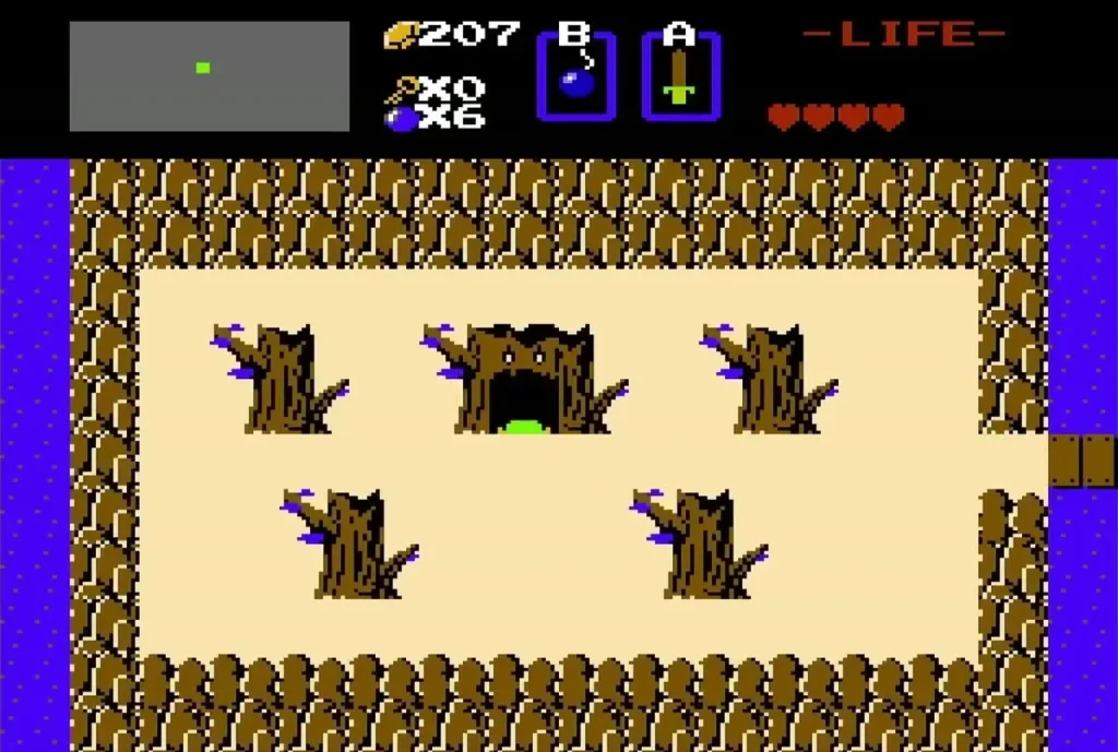 Link at the mouth of the dead tree entrance to Level 1 Link at the mouth of the dead tree entrance to Level 1