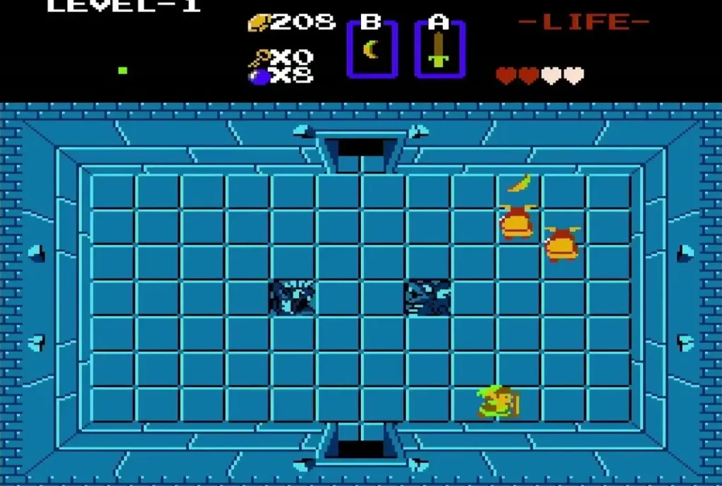 Link at the bottom of a room with dark block obstacles and enemies Link at the bottom of a room with dark block obstacles and enemies