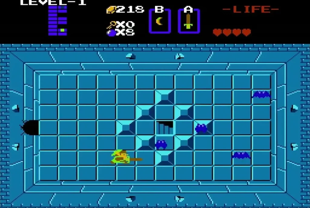 Link among blue Goriyas in a room with block obstacles Link among blue Goriyas in a room with block obstacles