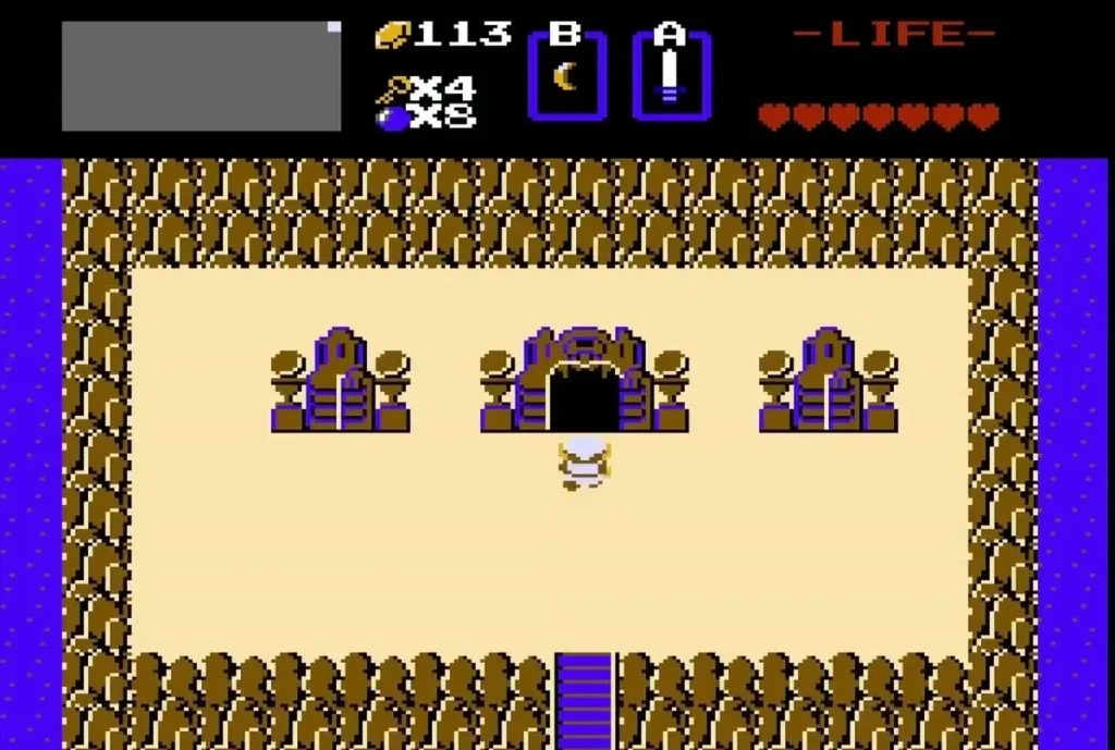 Field of three green statues with a dark opening in the middle and water at both sides, Link at the bottom stairs Field of three green statues with a dark opening in the middle and water at both sides, Link at the bottom stairs