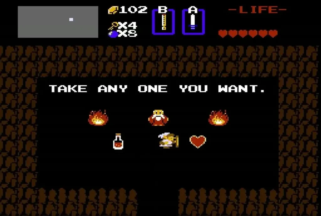 Cave offering a Red Potion and a Heart Container with the text Take any one you want Cave offering a Red Potion and a Heart Container with the text Take any one you want