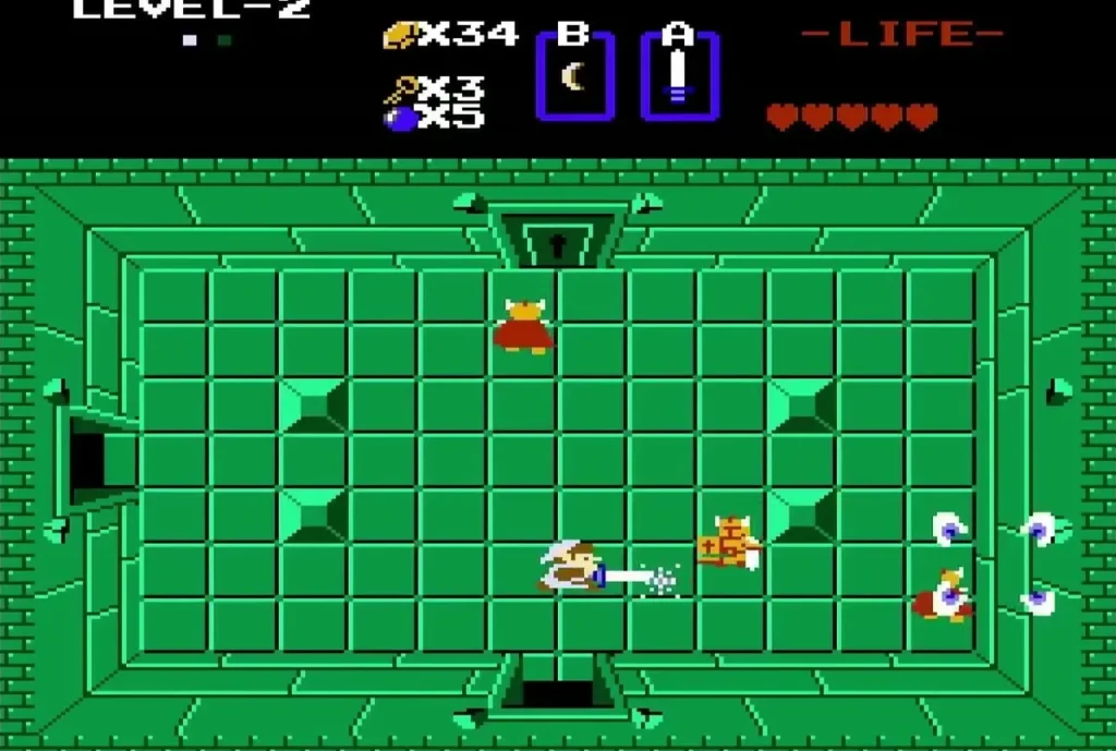 Link fighting orange enemies in a Level 2 room with white enemies at right Link fighting orange enemies in a Level 2 room with white enemies at right