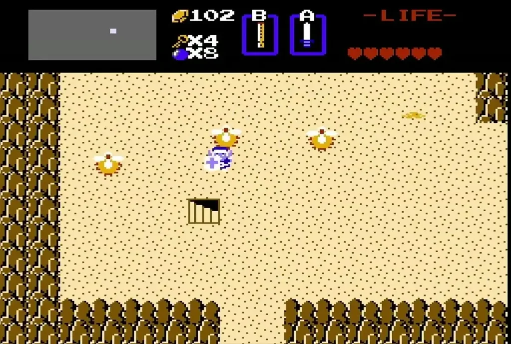 A staircase revealed in the desert sand with Link and a Leever nearby A staircase revealed in the desert sand with Link and a Leever nearby