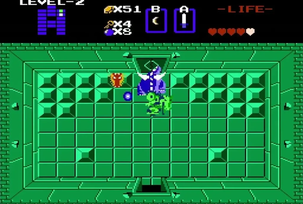 Link facing Gleeok heads and a blue enemy in the Level 2 boss room Link facing Gleeok heads and a blue enemy in the Level 2 boss room