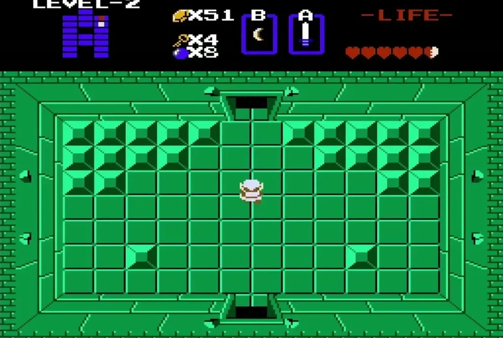 Link holding up the Heart Container in the Level 2 boss room Link holding up the Heart Container in the Level 2 boss room