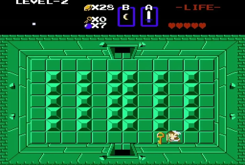Link next to a key on the floor of a green Level 2 room Link next to a key on the floor of a green Level 2 room