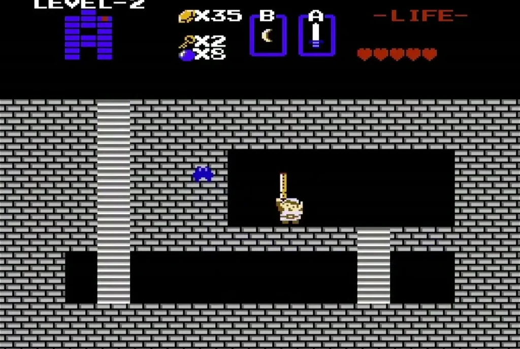 Link holding up the Recorder in the gray-brick basement of Level 2 Link holding up the Recorder in the gray-brick basement of Level 2