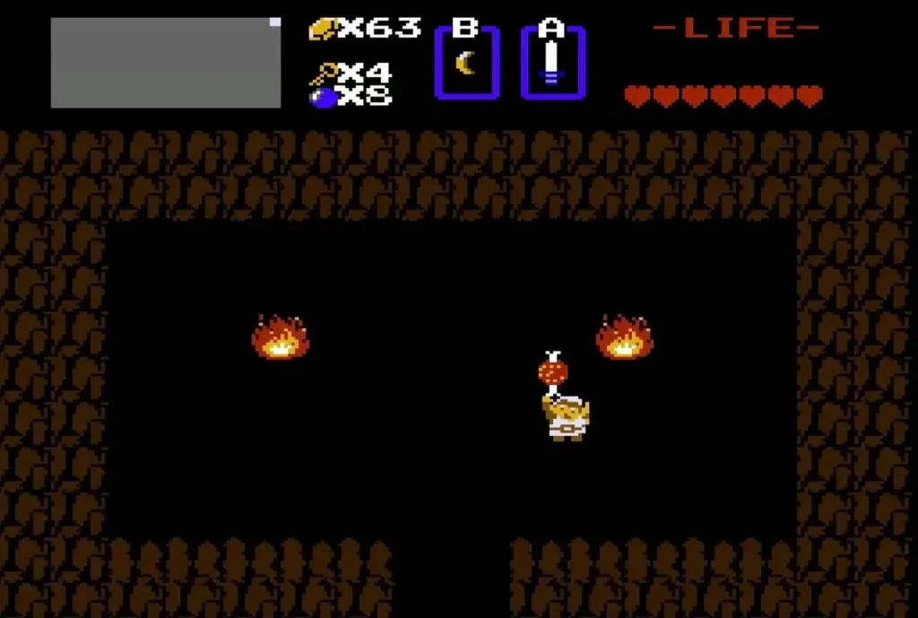 Link holding up the Monster Bait he bought, between two fires in the shop cave Link holding up the Monster Bait he bought, between two fires in the shop cave