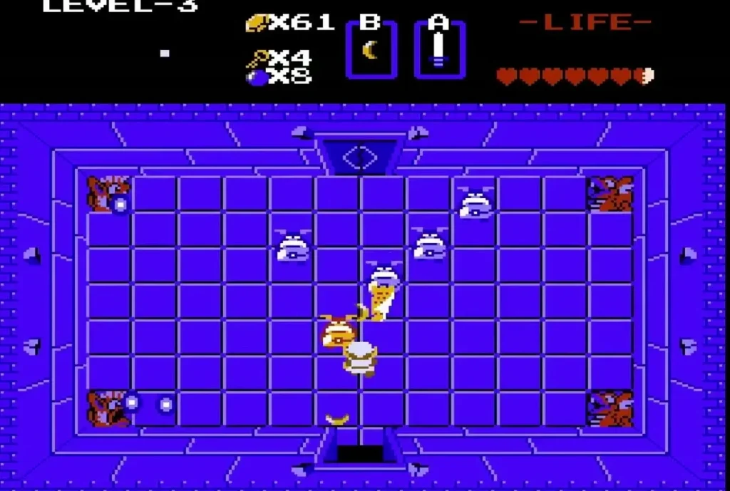 Link among white-blue Goriyas in a Level 3 room with red blocks in the corners