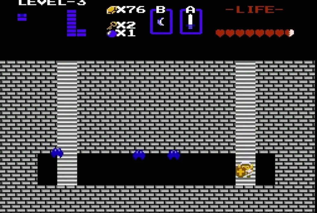Link in the brick Compass room with blue enemies along the lower floor