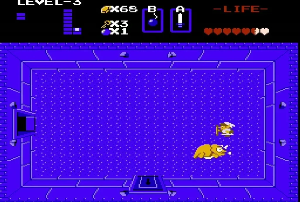 Link with bombs fighting a Dodongo in the boss room