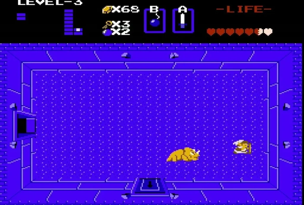 Link fighting a Dodongo in the Level 3 boss room
