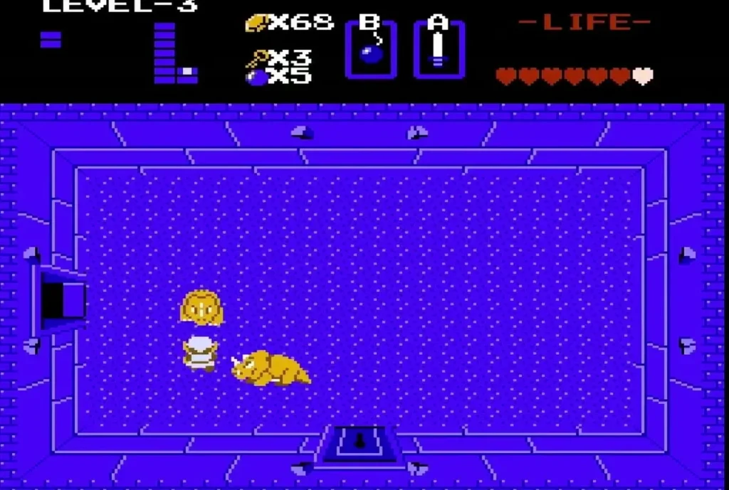 Link and two yellow Dodongos in the boss room of Level 3