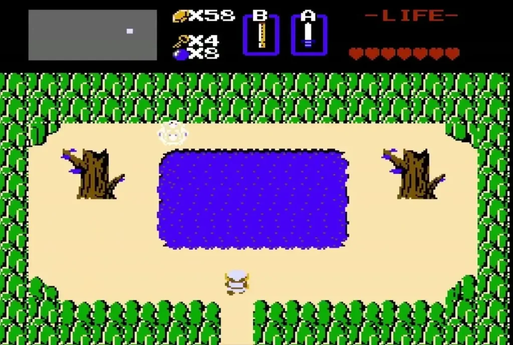 Link at the edge of the pond on the green hill, with the Recorder in the B slot