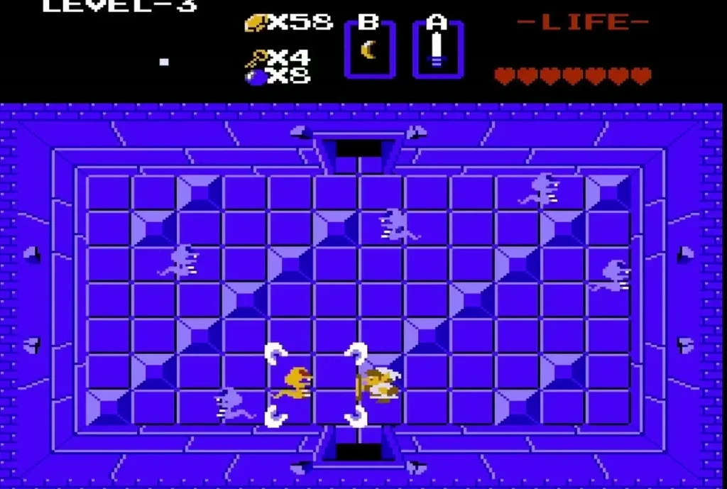 Stalfos skeletons with swords around Link in a Level 3 room