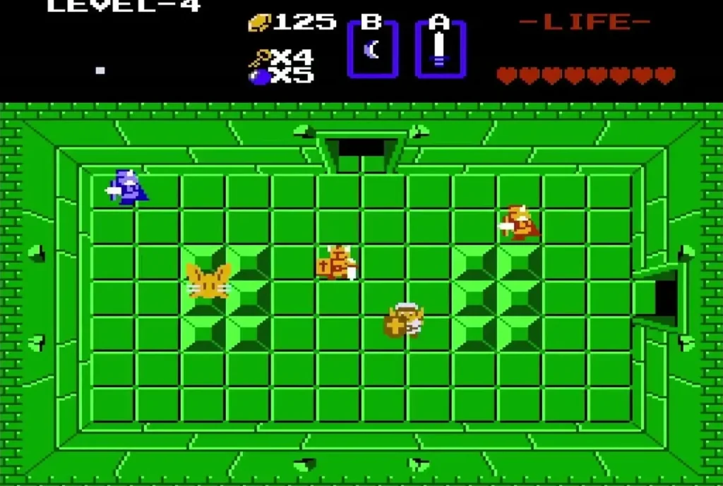 Link fighting orange and blue enemies in a green Level 4 room Link fighting orange and blue enemies in a green Level 4 room