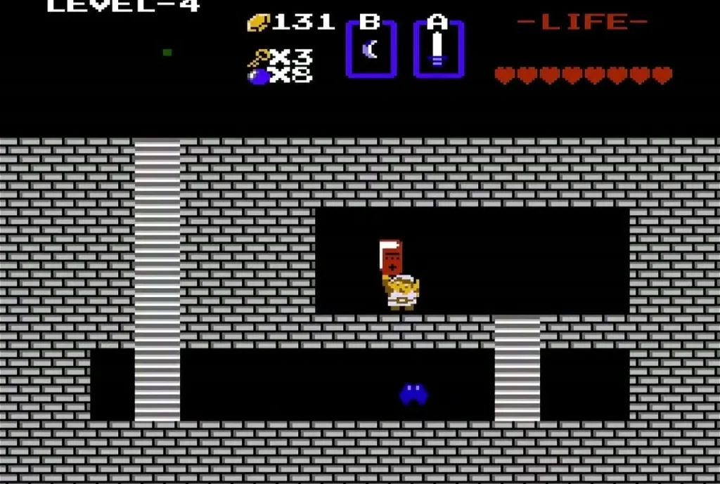 Link holding up the Book of Magic in a gray-brick Level 4 room Link holding up the Book of Magic in a gray-brick Level 4 room