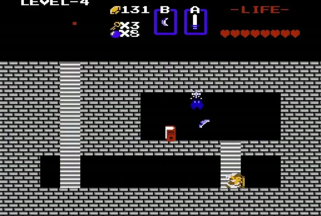 Link in a gray-brick Level 4 room with the stairwell, Keese and a red item Link in a gray-brick Level 4 room with the stairwell, Keese and a red item