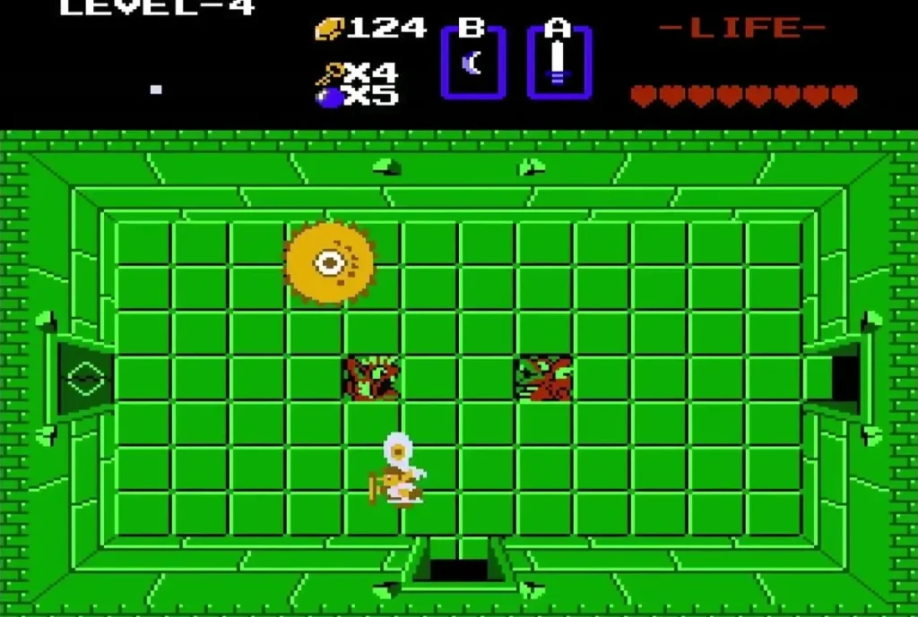 Link playing the Recorder beside the large Digdogger in a green Level 4 room Link playing the Recorder beside the large Digdogger in a green Level 4 room
