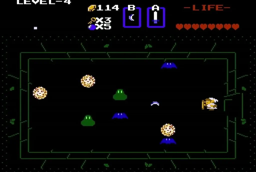 Link in a dark Level 4 room with Zols and blue keese Link in a dark Level 4 room with Zols and blue keese