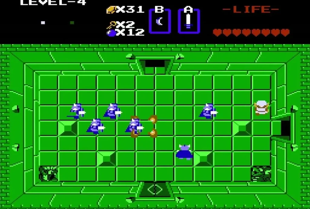 Link among blue Darknuts in a green Level 4 room Link among blue Darknuts in a green Level 4 room