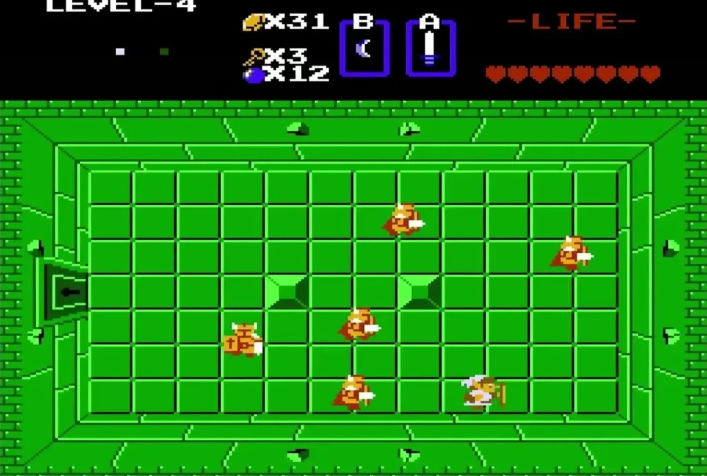 Blue Darknuts and orange enemies in a green Level 4 room Blue Darknuts and orange enemies in a green Level 4 room