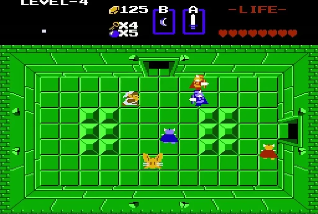 Link with blue Darknuts and Pol's Voice enemies in a green Level 4 room Link with blue Darknuts and Pol's Voice enemies in a green Level 4 room