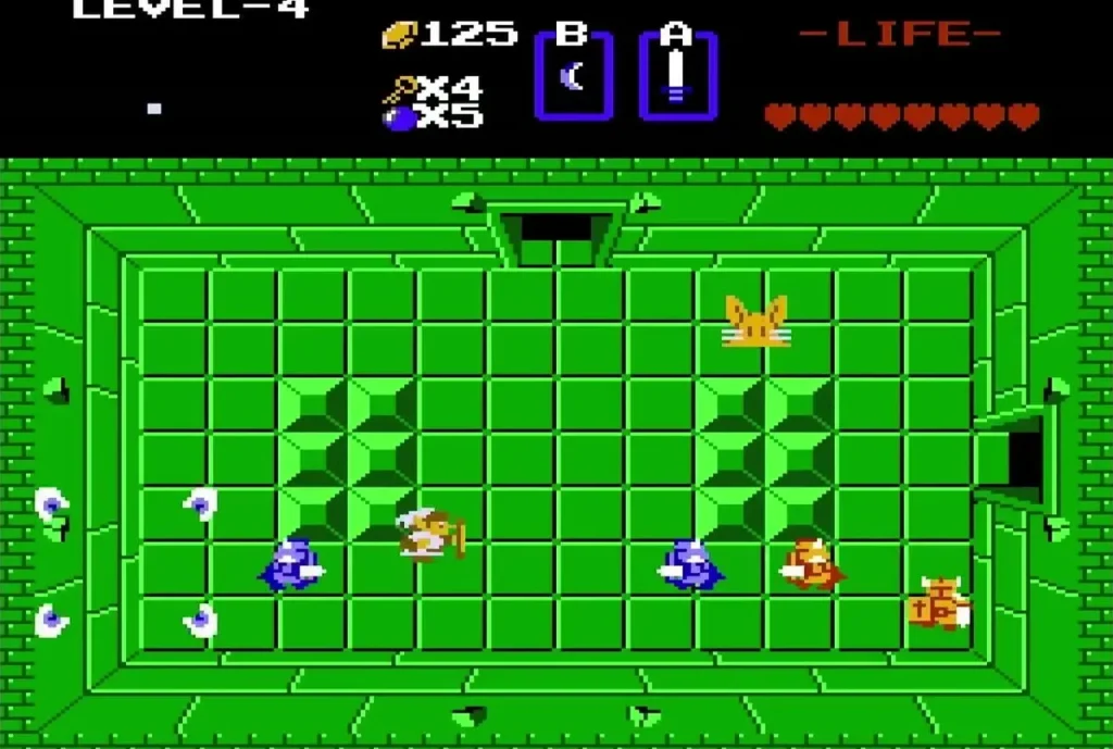 Link among Pol's Voice enemies and blue Darknuts in a green Level 4 room Link among Pol's Voice enemies and blue Darknuts in a green Level 4 room