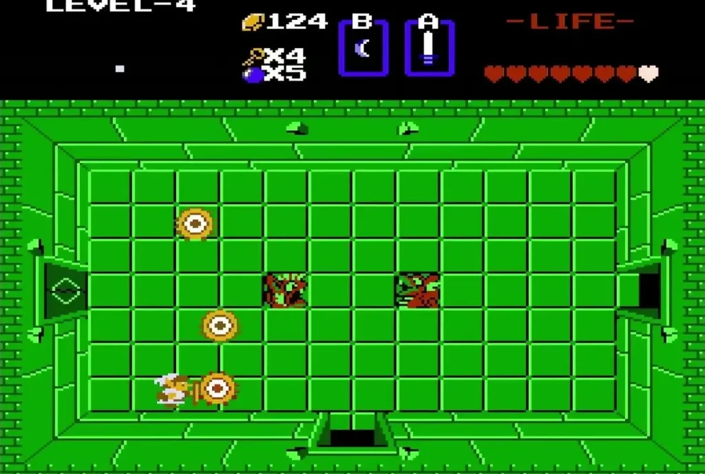 Three smaller Digdogger rings chasing Link in a green Level 4 room Three smaller Digdogger rings chasing Link in a green Level 4 room