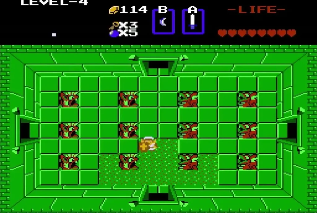 Link in the green entrance room of Level 4 among red block statues Link in the green entrance room of Level 4 among red block statues