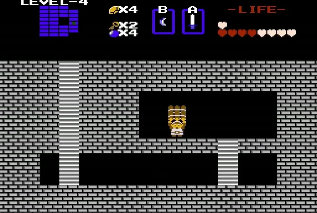 Link holding up the Raft in a gray-brick room of Level 4 Link holding up the Raft in a gray-brick room of Level 4