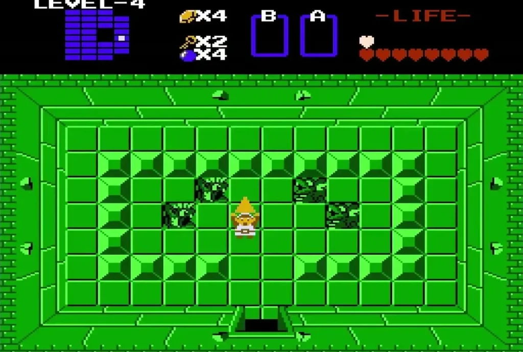 Link holding up the fourth Triforce piece in a green Level 4 room Link holding up the fourth Triforce piece in a green Level 4 room