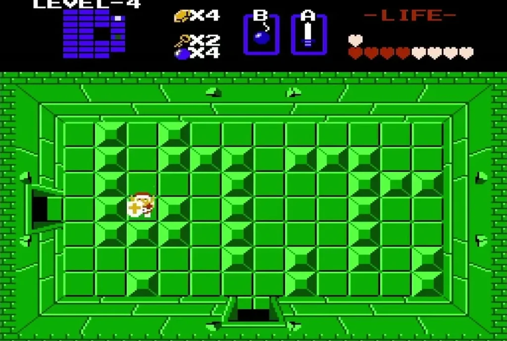 Link in a green Level 4 room with a yellow item on the floor Link in a green Level 4 room with a yellow item on the floor