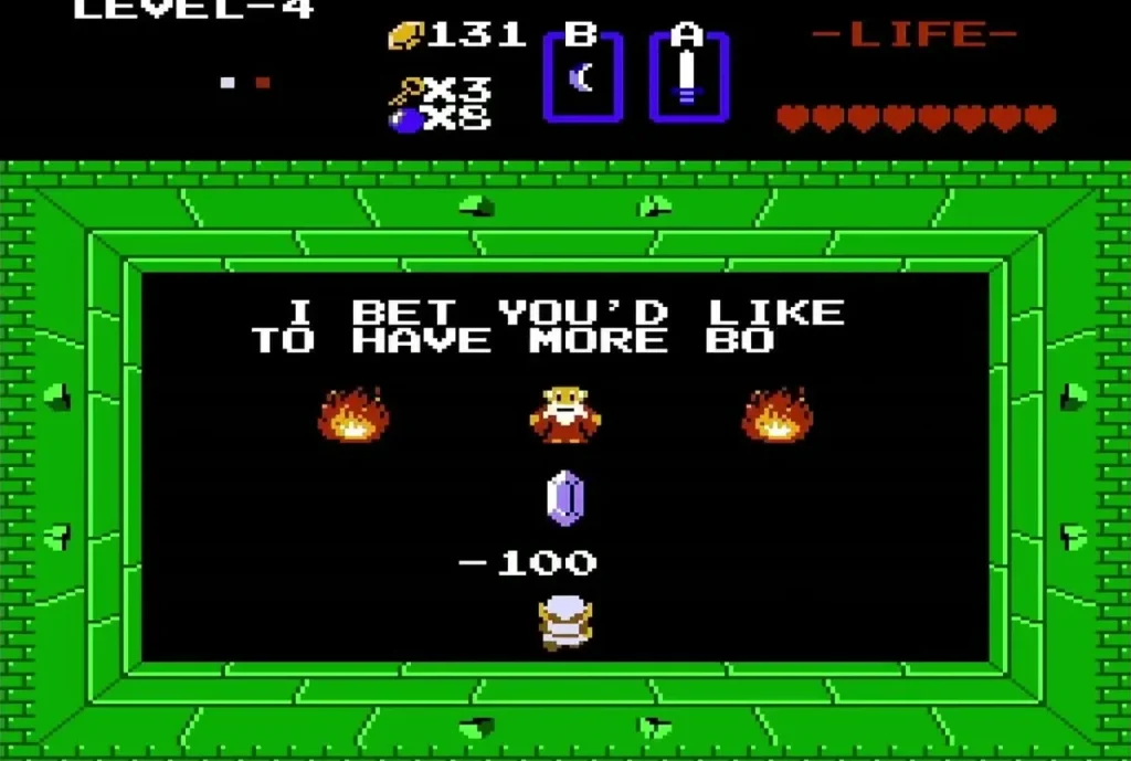 Old man offering the bomb upgrade for 100 rupees in a Level 4 room Old man offering the bomb upgrade for 100 rupees in a Level 4 room