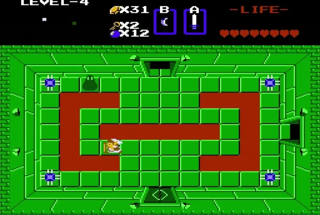Link on the red path of a green Level 4 room with blue Darknuts in the corners Link on the red path of a green Level 4 room with blue Darknuts in the corners