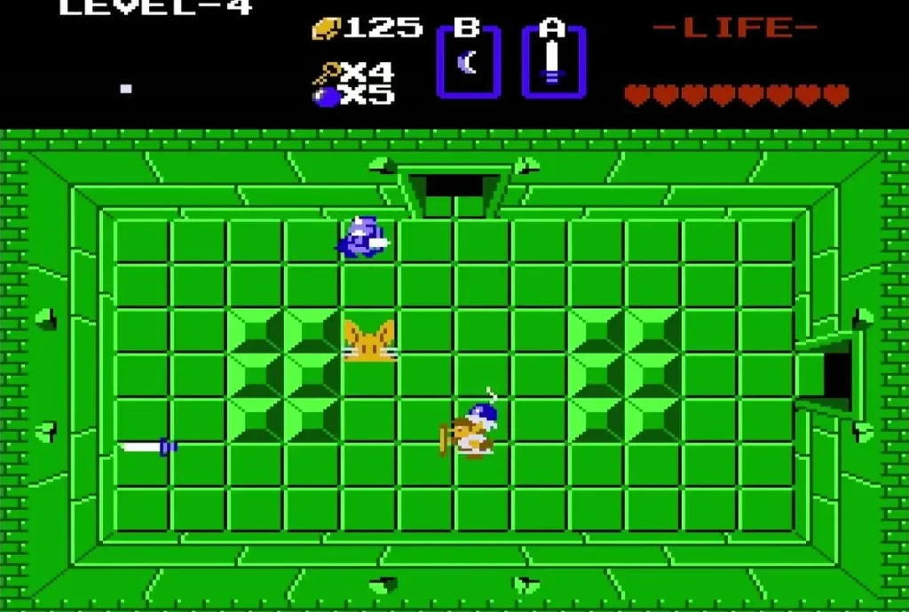 Link among blue Darknuts and orange enemies in a green Level 4 room Link among blue Darknuts and orange enemies in a green Level 4 room