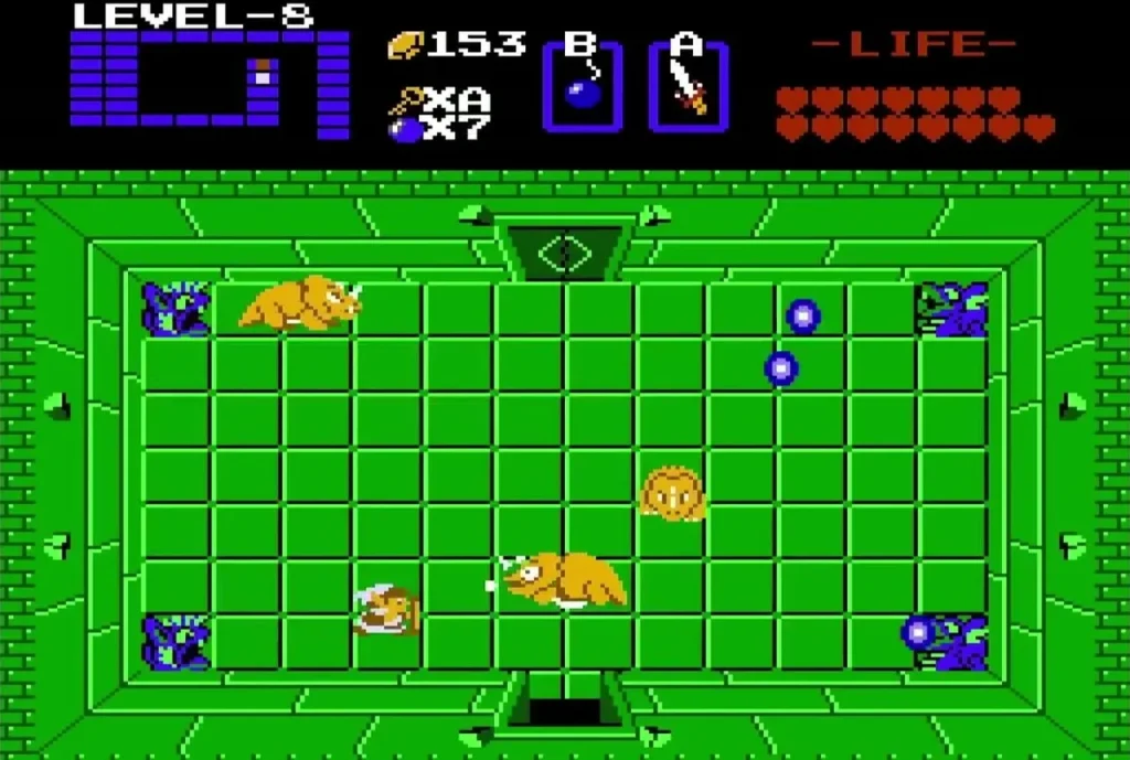 Link facing the Dodongos in the Level 8 boss room Link facing the Dodongos in the Level 8 boss room