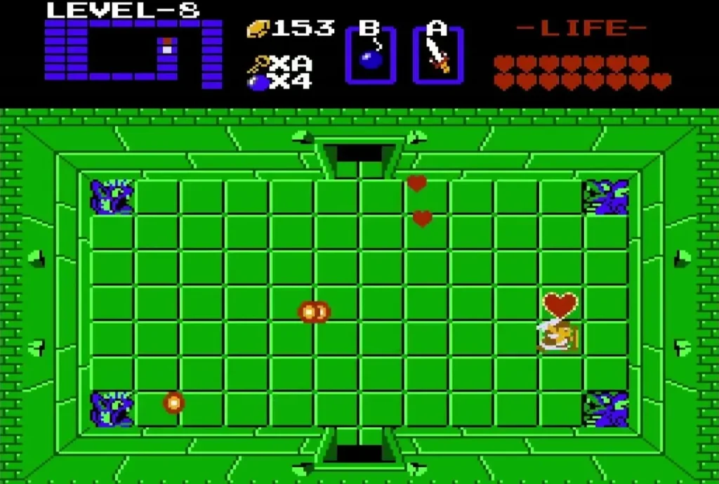 Link holding up the Heart Container in the Level 8 Dodongo room Link holding up the Heart Container in the Level 8 Dodongo room