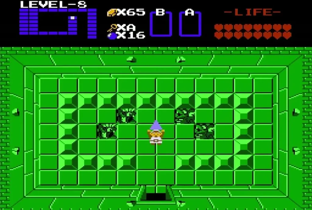 Link raising the eighth Triforce piece in a Level 8 room Link raising the eighth Triforce piece in a Level 8 room