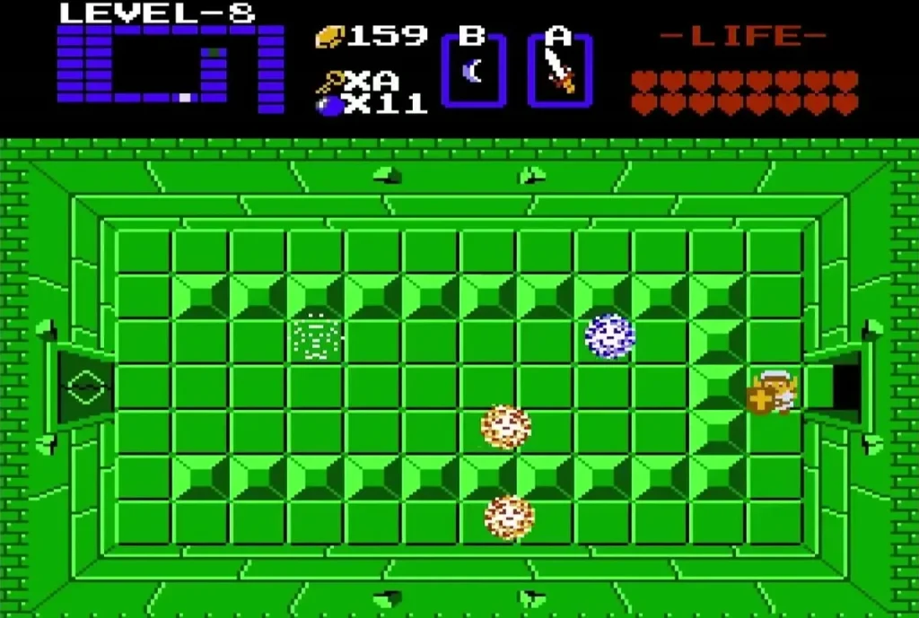 Orange and white Bubbles drifting around Link beside the right door of a green Level 8 room Orange and white Bubbles drifting around Link beside the right door of a green Level 8 room