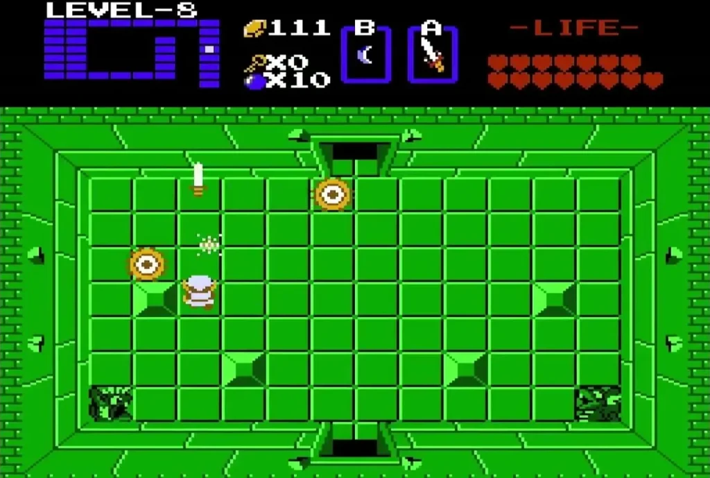 Two small ring-shaped Digdogger around Link in a green Level 8 room Two small ring-shaped Digdogger around Link in a green Level 8 room