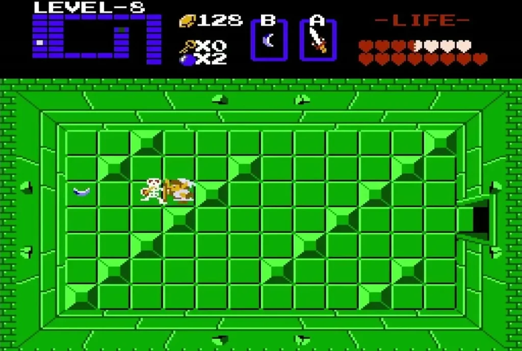 Link beside a Stalfos in the Level 8 block room Link beside a Stalfos in the Level 8 block room