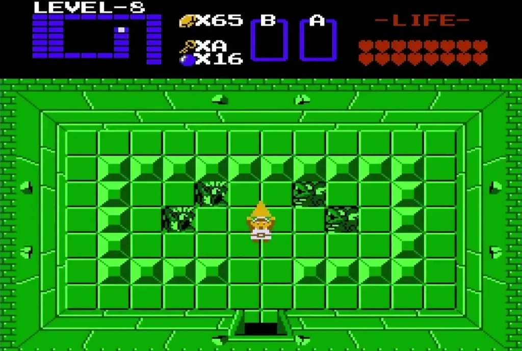 Link holding up the eighth Triforce piece in a Level 8 room Link holding up the eighth Triforce piece in a Level 8 room