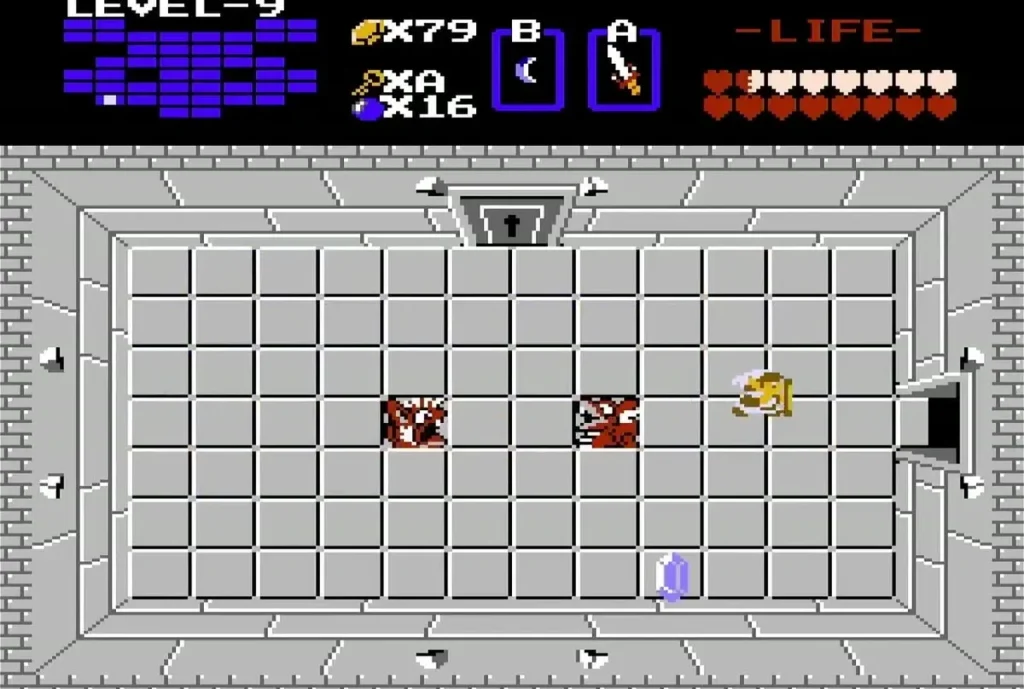 Link in a Level 9 room with red blocks and a bluish item on the floor Link in a Level 9 room with red blocks and a bluish item on the floor