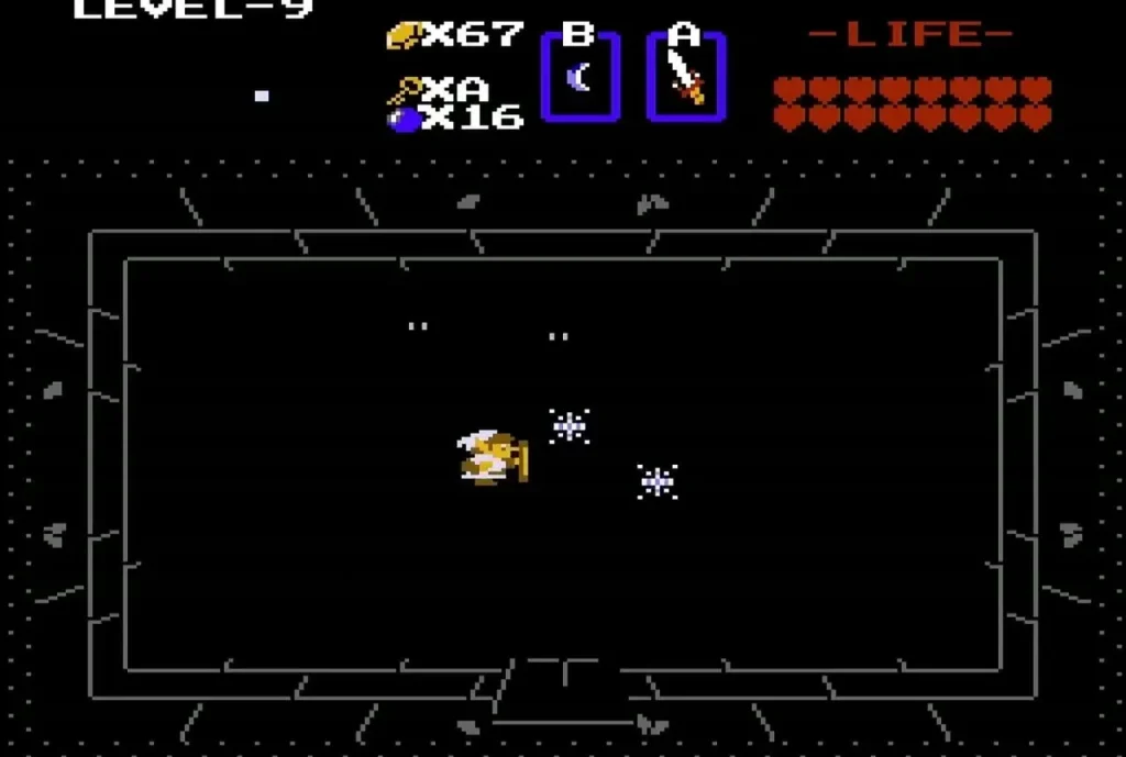 Link with a gold item in a dark Level 9 room with sparkles Link with a gold item in a dark Level 9 room with sparkles